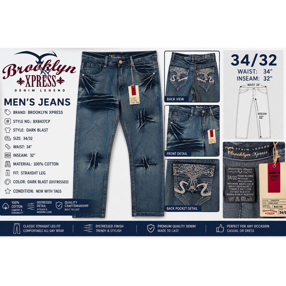 Brooklyn Xpress Mens Jeans 34x32 Dark Blast Distressed Embroidered Y2K BX8437CP